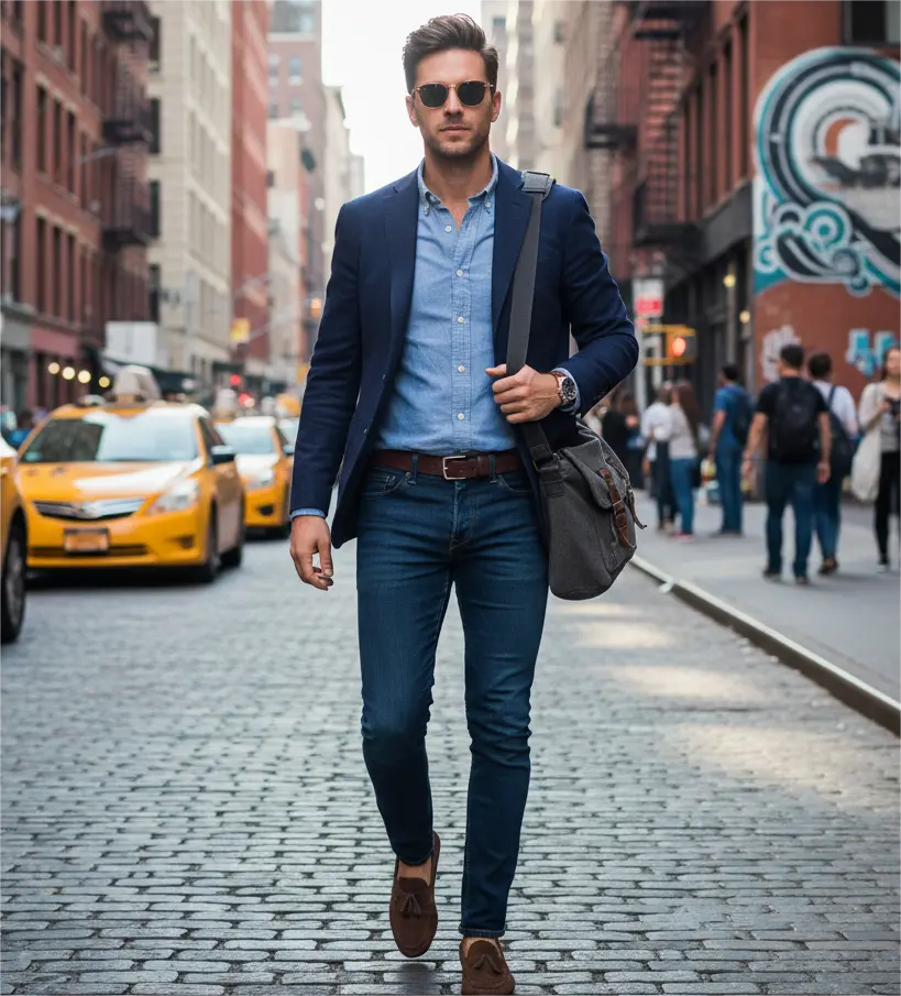 A man is walking in streets wearing smart casual for men
