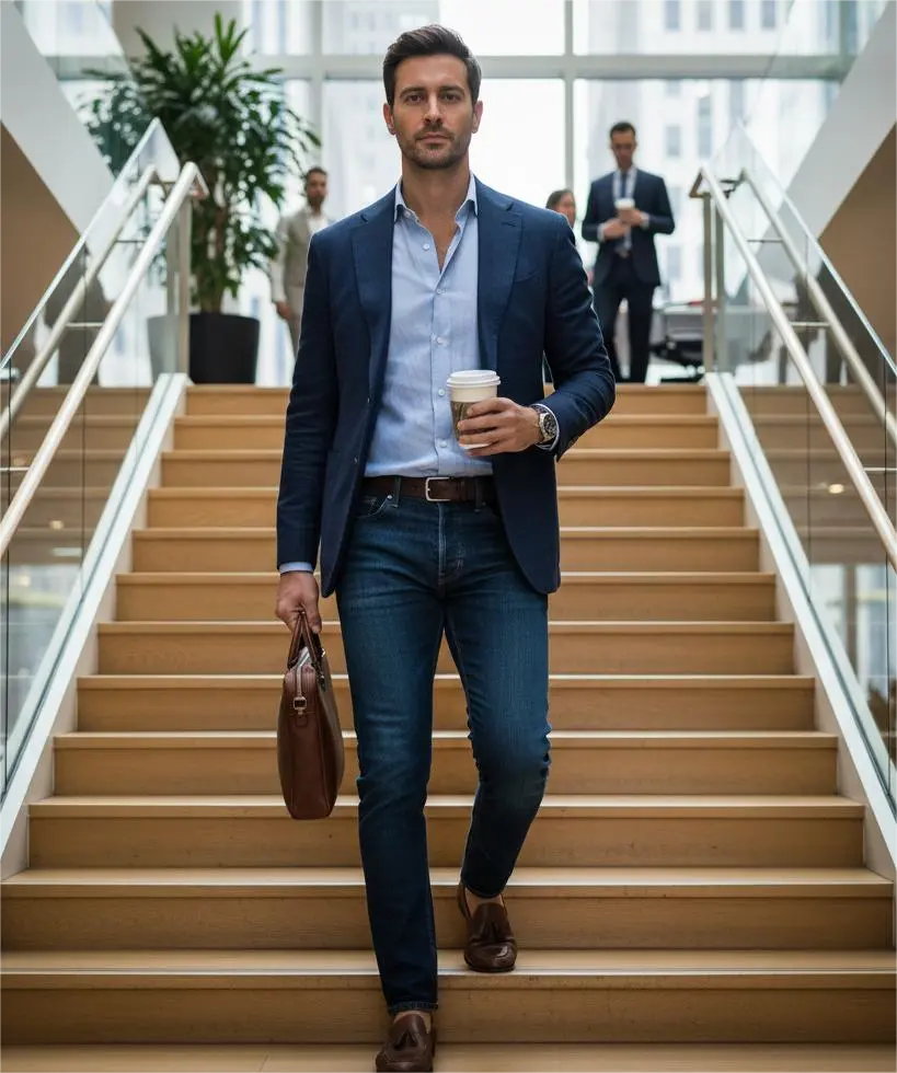 A man is wearing whole smart casual dressing 