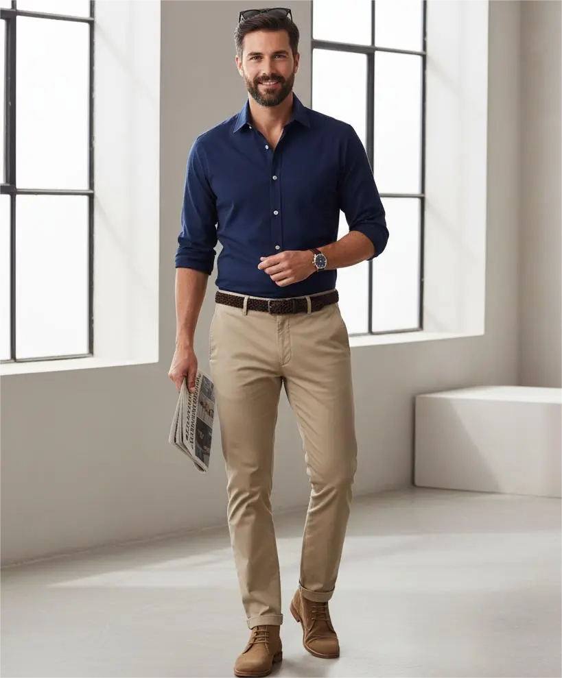 A man is wearing pant shirt of smart casual for men