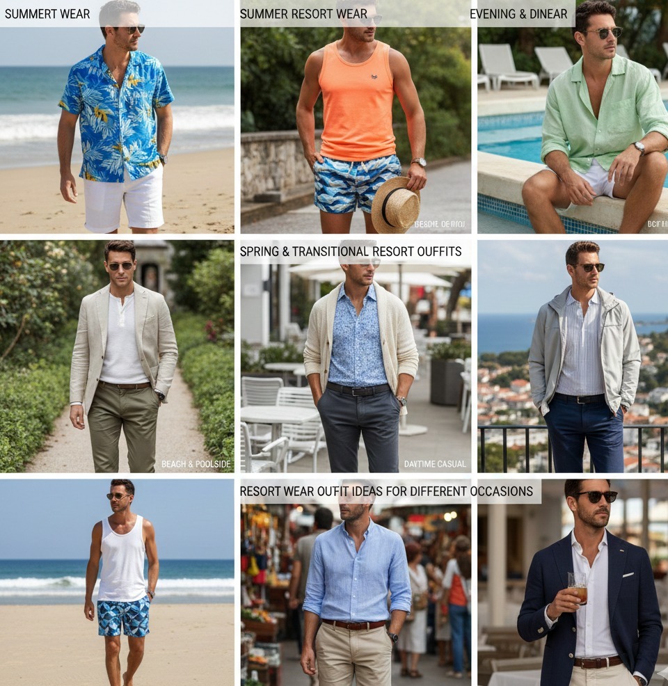 wearing Men's resort wear at beach of different styles