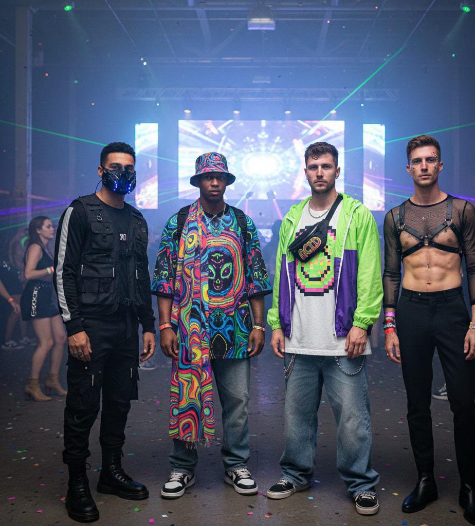 Boys are wearing different style of rave outfits man