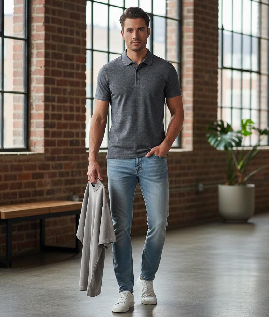 Men is wearing beautiful Polo shirts for men in the office under jeans