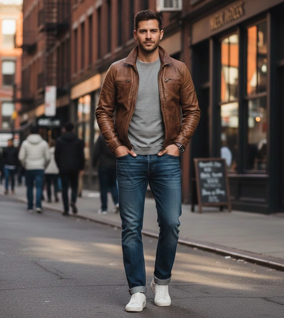 Walking with casual jeans for men in good mood
