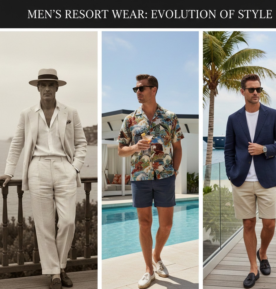  wearing Men's resort wear at beach styles 