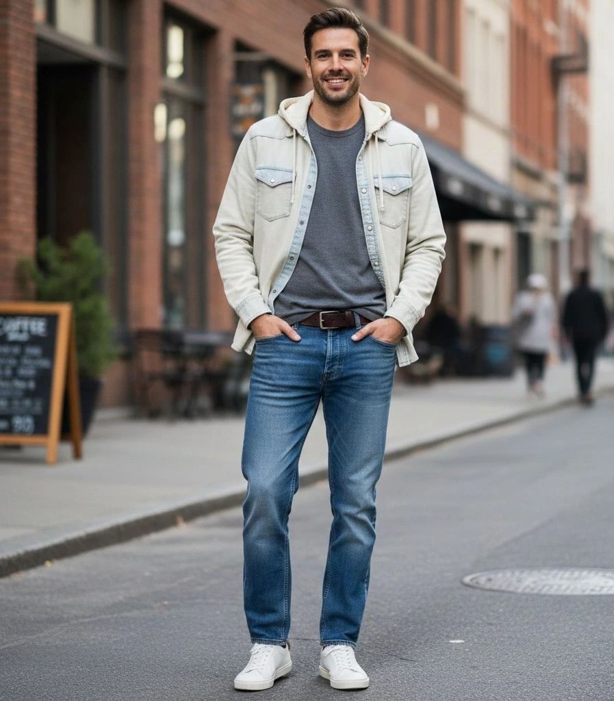 Wearing casual jeans