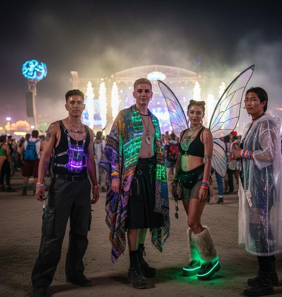 boys are wearing different styling of rave fashion