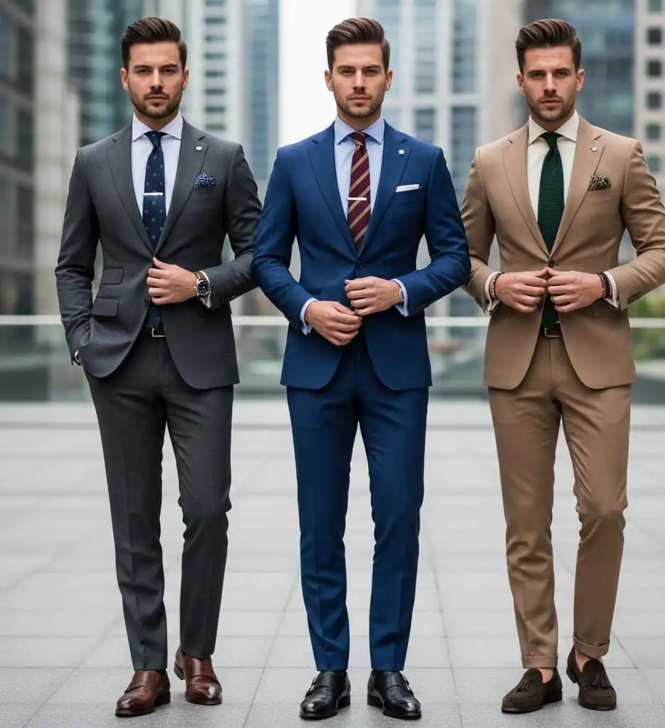 Different ties combination of slim fit suits for men