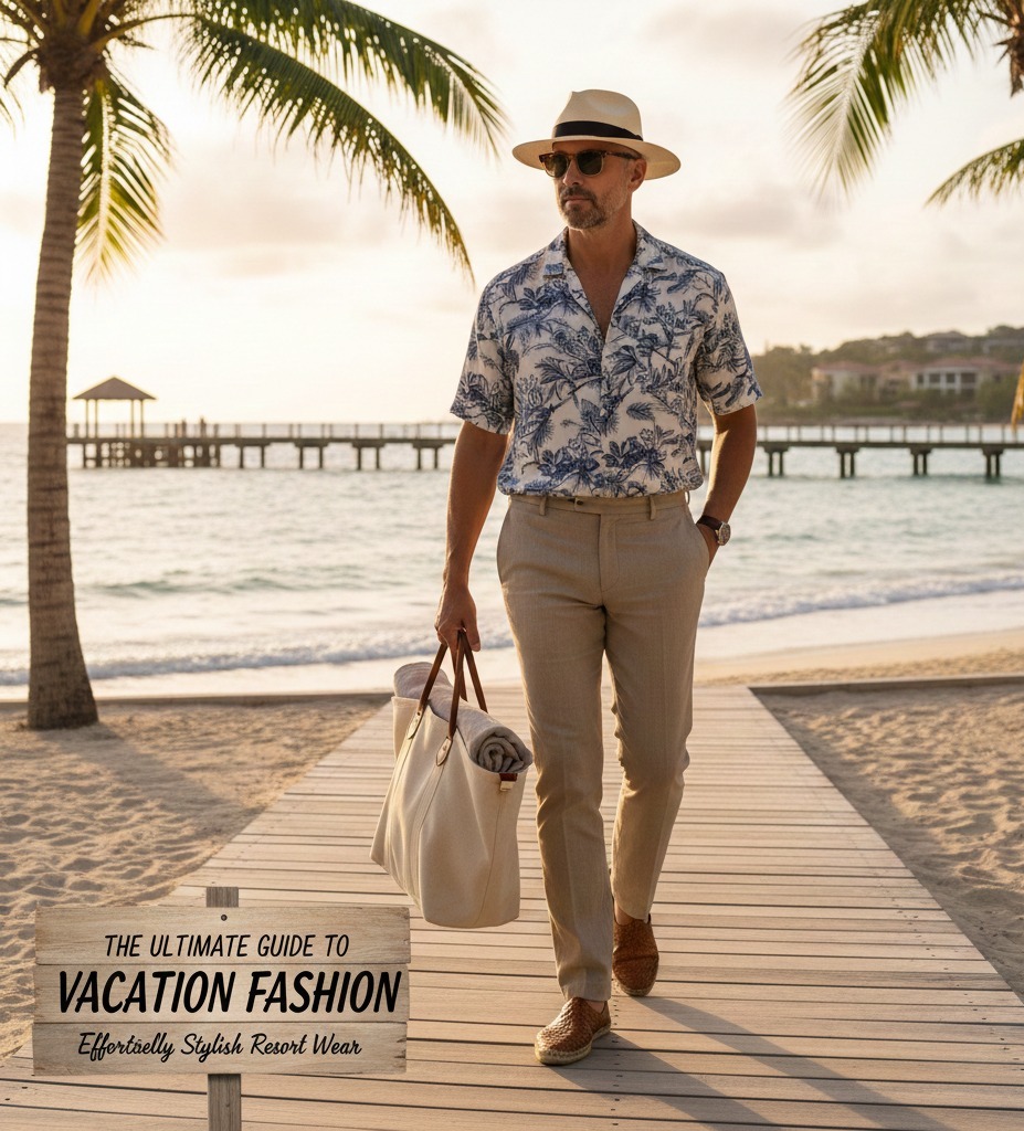 wearing Men's resort wear at beach at resort