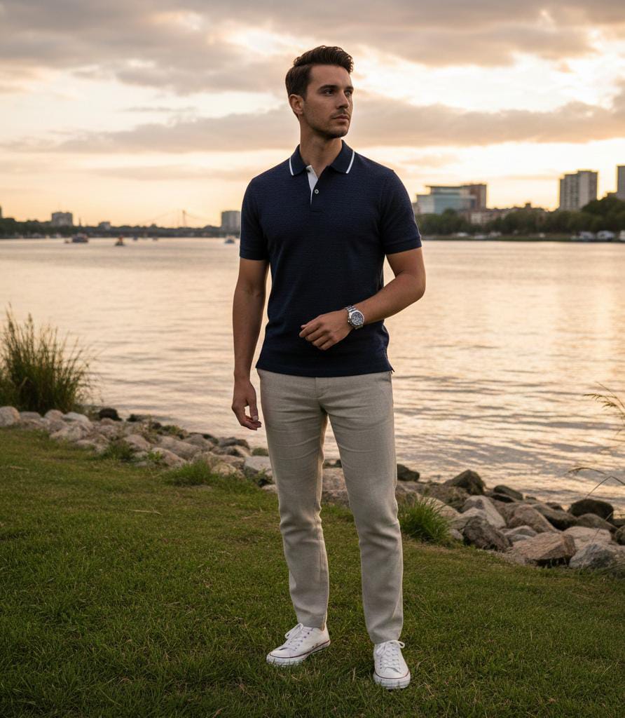 Man is wearing beautiful for men behind the river