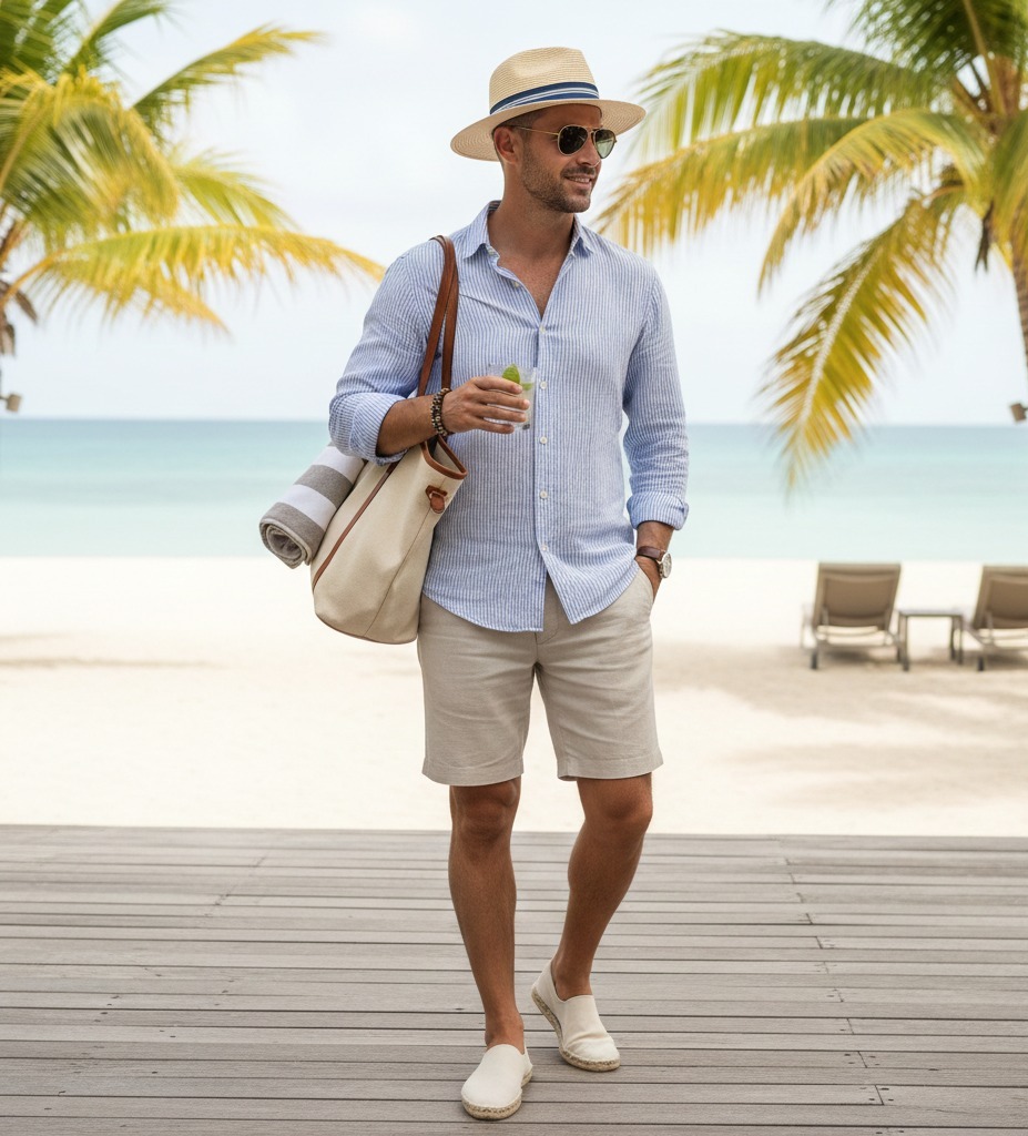  wearing Men's resort wear at beach with glasses