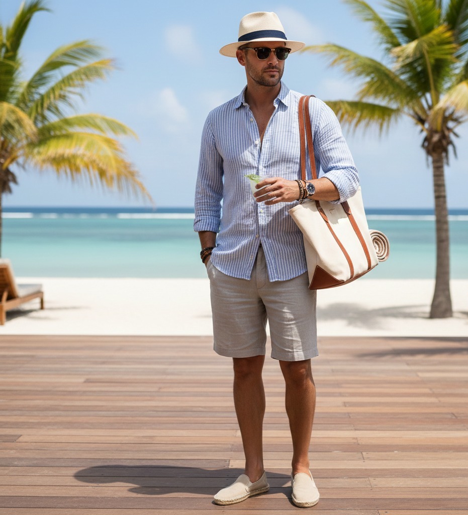  wearing Men's resort wear at beach