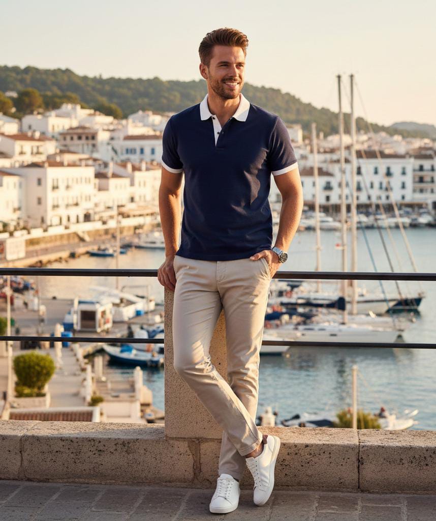 Man is wearing polo shirts for men behind the lake
