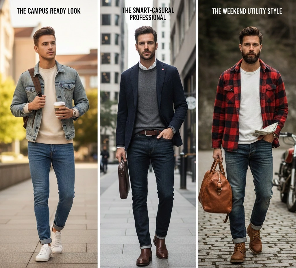 Different style combination of casual jeans for men