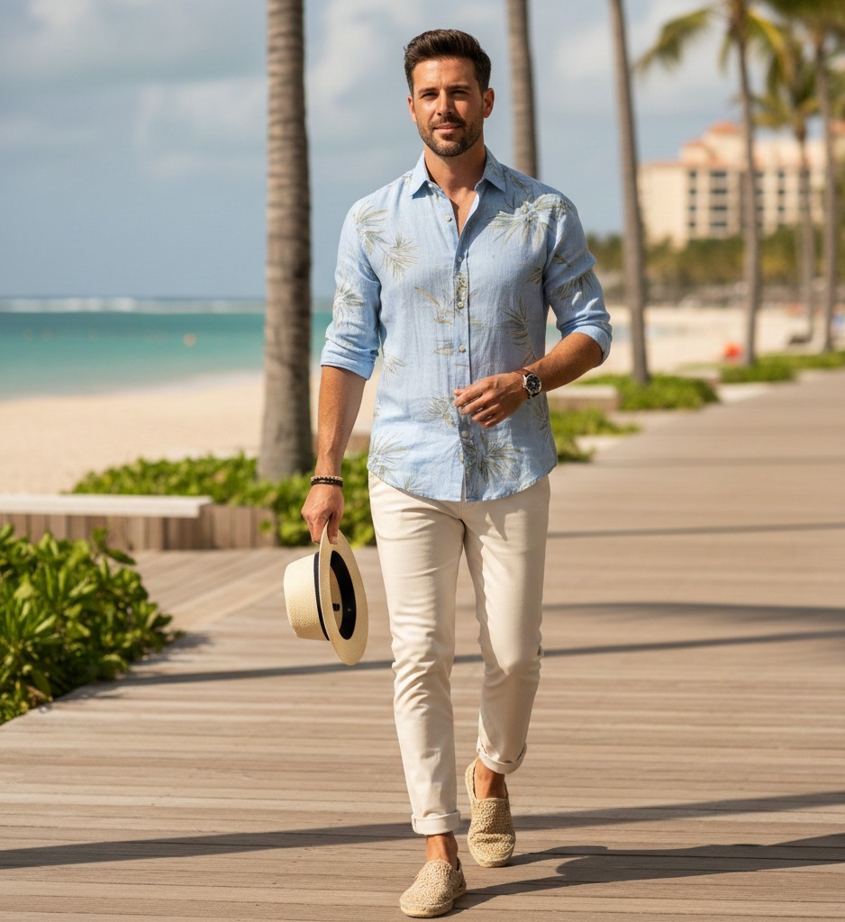  wearing Men's resort wear at beach