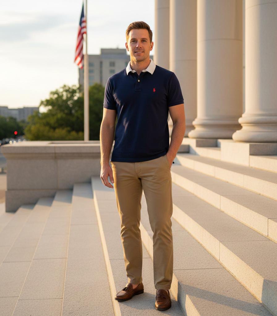 Man is wearing polo shirts for men behind the lake