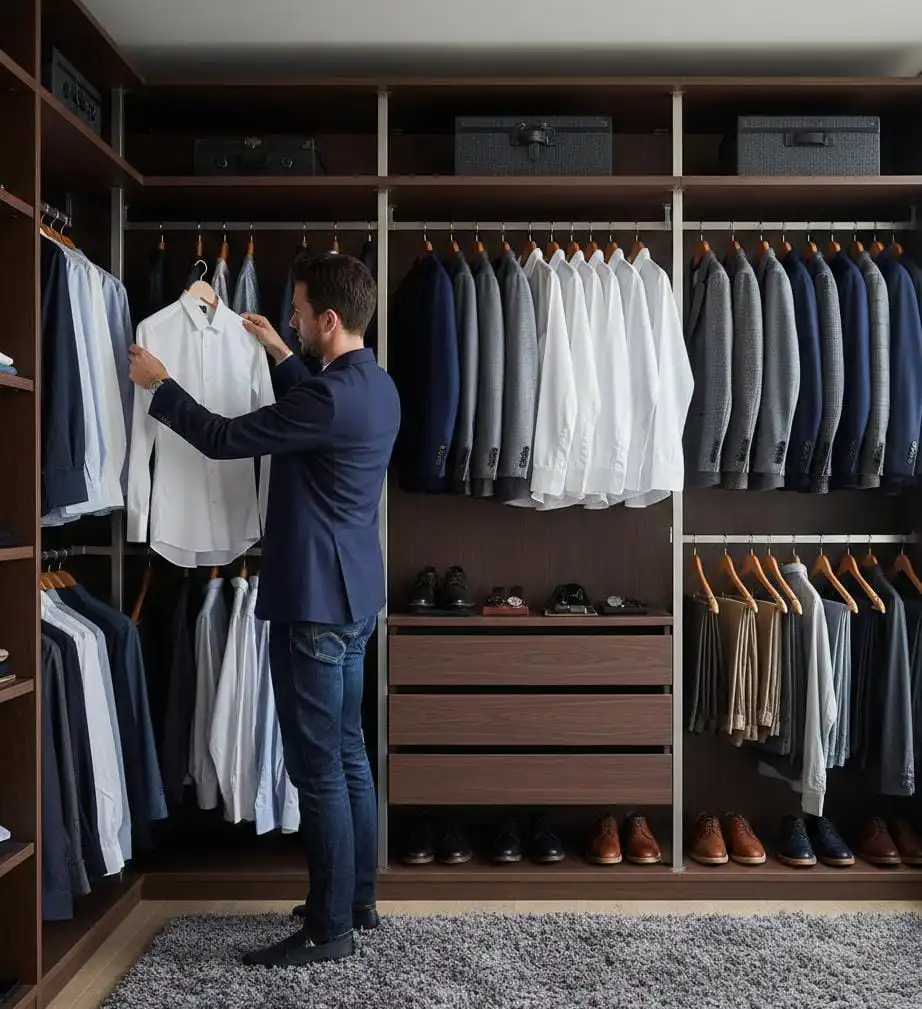 A man who is setting is wardrobe of winter outfits for men.