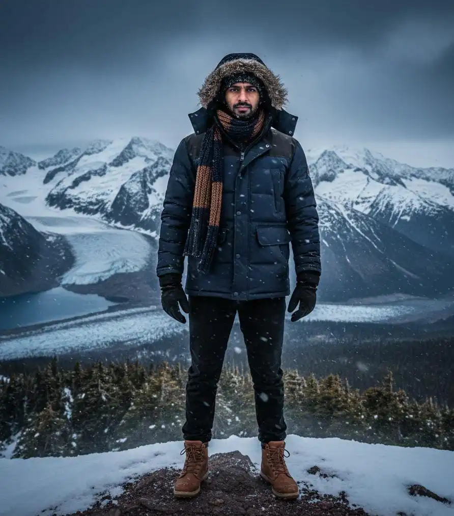 A man on the mountain showing winter outfit for men