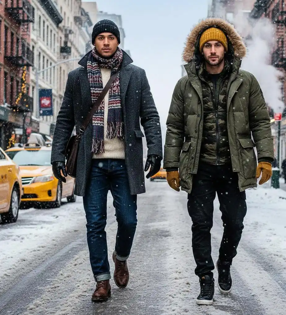 Two friends are working on the road wearing different outfits of winter outfits for men