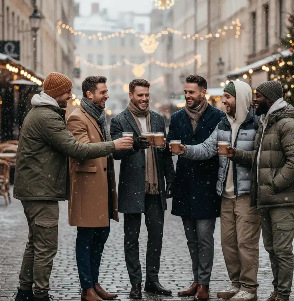 Boys are together wearing  winter outfits for men