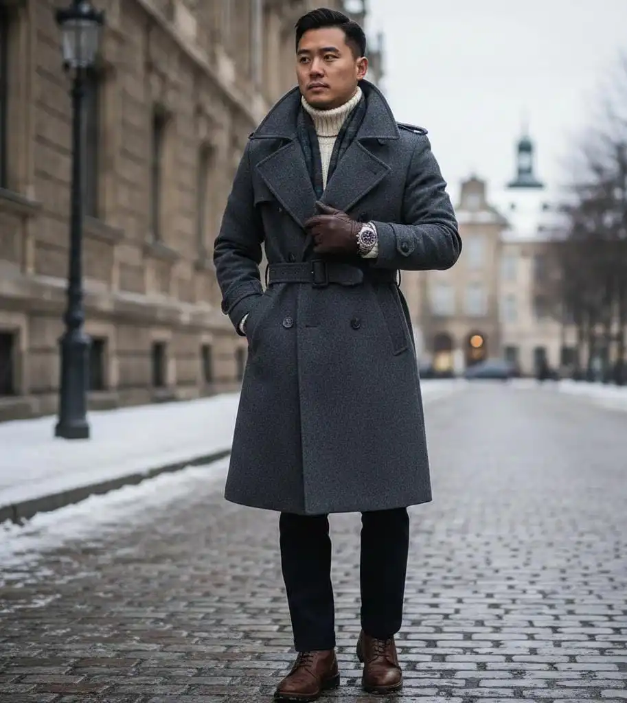 Man who is wearing overcoat of winter outfits for men