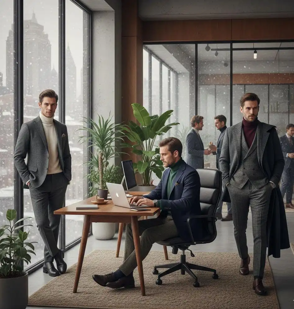 Boys are in office wearing winter outfits for men