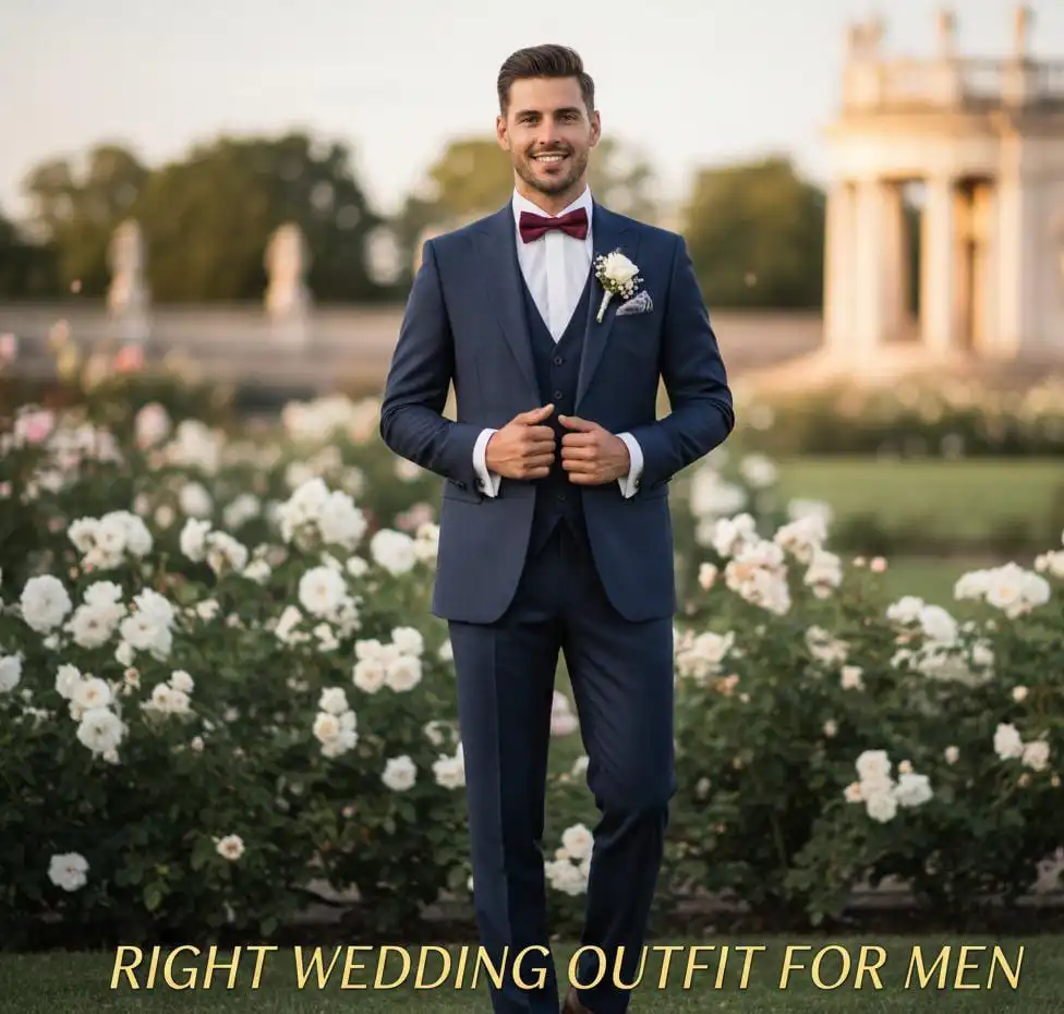 Man is wearing bride suit of wedding outfits for men.