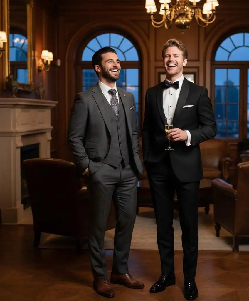 Two boys are chilling during wedding and wearing wedding outfits for men.