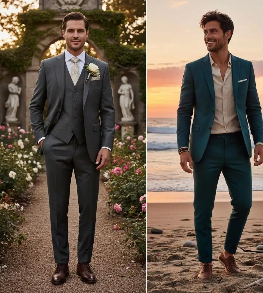 Three piece and two piece combination of wedding outfits for men.