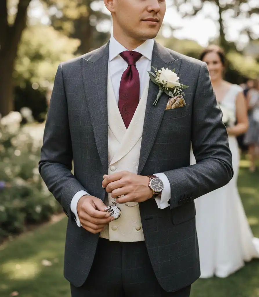 Boy is wearing wedding outfits for men in wedding event.
