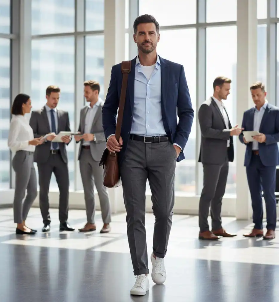 Business casual  sneaker outfits for men.