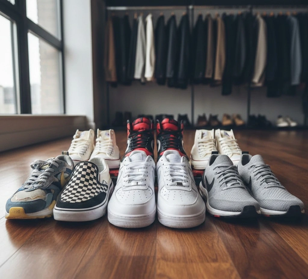 Showing different combination of   sneaker outfits for men.