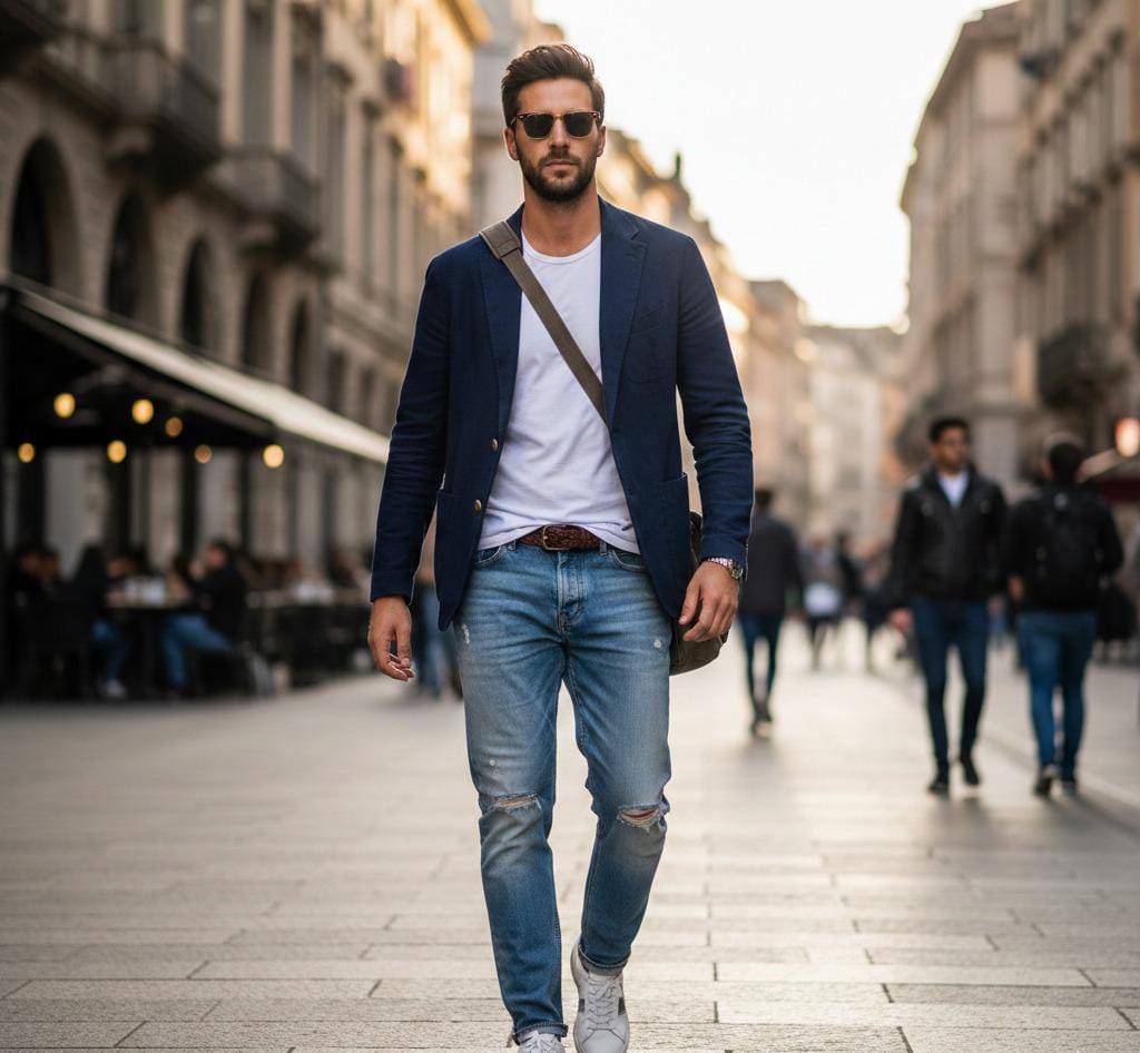 Blazer with t-shirt and jeans combination
