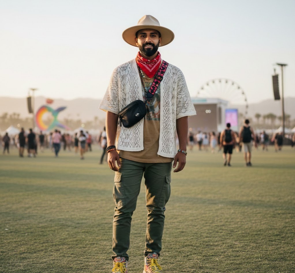Coachella outfits for men in desert park